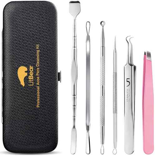 Litbear 6 Pcs Blackhead Remover Tools,Pimple Popper Tool Kit,Blackhead Pimple Comedones Extractor,Acne Tools Extractor kit, Scraper for Face Nose Deep Cleansing with Leather Case