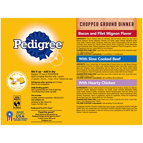 Pedigree Chopped Ground Dinner Dog Food 18-Count Bacon Filet Mignon Variety Pack, 3.5 oz. Pouches