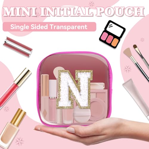 Mini Hot Pink Personalized Initial Makeup Bag - Clear Nylon Travel Cosmetic Pouch for Women & Girls