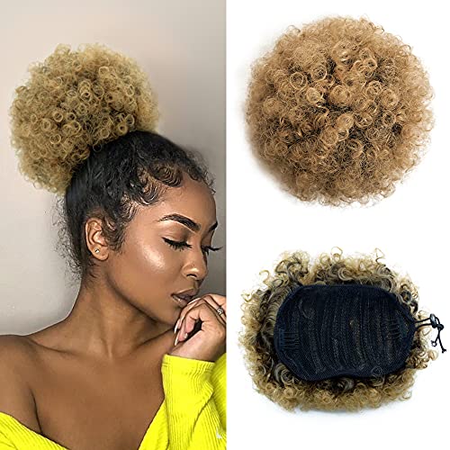 Yinmei Baibian Ombre Brown Afro Puff Drawstring Ponytail Kinky Curly Pony Tail Hair Extensions Synthetic Short Bun Hairpieces for Black Women(1B/27#)