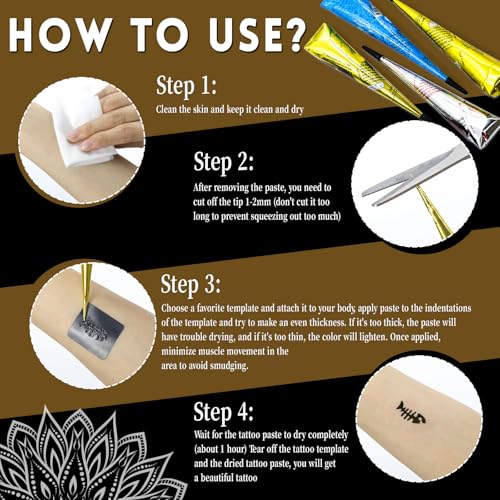 Temporary Tattoo Stencil Kit - 44 Templates, 4 Ink Colors
