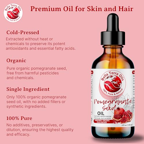 Bella Terra Oils - Organic Pomegranate Seed Oil 4oz - Basking in Phytosterols & Linoleic Acid, The Ultimate Blend for a Silken Touch & Healthy-Looking Glow