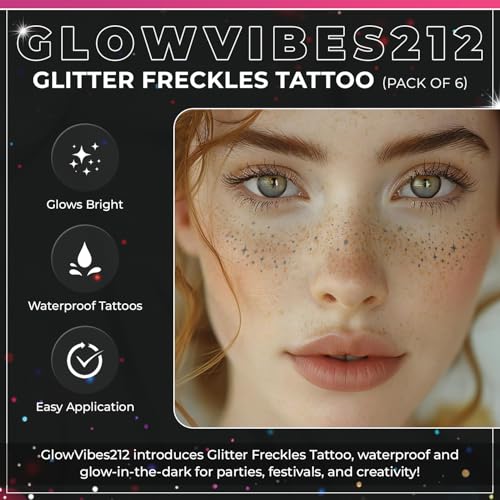 GlowVibes212 Glitter Freckles Face Tattoo - Glow in the Dark Freckles for Parties - Waterproof Face Glitter Freckles - Temporary Freckles - Cute Glow Party Makeup Accessories - 6 count