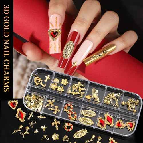 Teenitor Gold Nail Charms and Gems Set, 4 Boxes Nail Gems Nail Pearls Nail Art Tools, 3D Cross Nail Charms Heart Nail Rhinestones for Nails Supplies, Charms for Nails Design Nail Art Kit