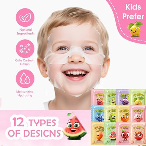 12-Pack Fruit Face Masks for Kids & Teens | Hydrating Sheet Mask Set