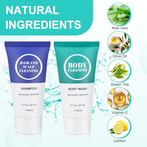 Travel Size Shampoo and Body Wash Set, Small Trial Hair Shampoo Sample Shower Gel Kit Mini Toiletries Amenities Set for Men and Women, Cleansing for Hotel/Vacation/Homeless 0.7 oz/20 ml (100 Pack)