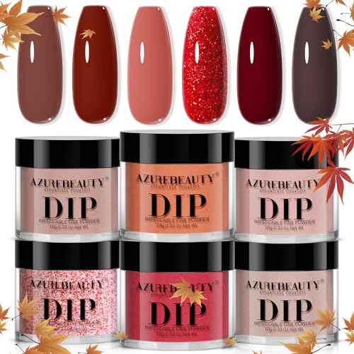 AZUREBEAUTY Dip Powder, Brown Red Glitter 6 Colors Dipping Powder Starter Kit French Nail Art Manicure DIY Salon for Women, No Need Nail Lamp Cured