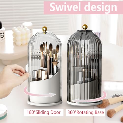 Makeup Brush Holder Organizer with Lid 360 Rotating Clear Dustproof 3 Compartment Design Makeup Brushes Organizer for dressing table and Bathroom Countertop (Gray)