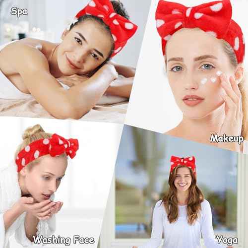 Casoty 10 Pcs Red Dot Makeup Headbands, Spa Gifts for Women Girls, Soft Coral Fleece Skincare Headband, Bow Hair Bands, Beauty Headbands for Face Washing Shower Skin Care Yoga