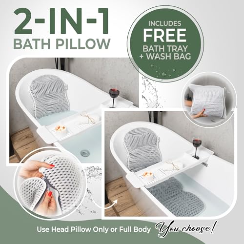 2-in-1 Full-Body Bath Pillow & Free Bath Tray ? Soft 5D Air Mesh Bath Pillows for Tub | Detachable Headrest, Machine Washable, Non-Slip Support