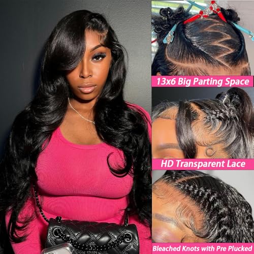 RAYFOG 13x6 Body Wave Human Hair Lace Front Wig 30 Inch Natural Black 180% Density