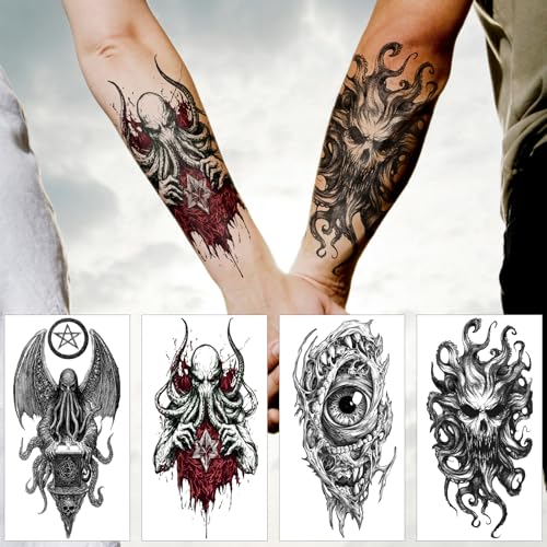 Yazhiji 47 Sheets Temporary Tattoos, 17 Sheets Half Arm Cthulhu Octopus Fake Tattoos for Adults Shoulder Neck, 30 Sheets Tiny Animal Temporary Tattoos Realistic for Men Women Boys & Girls