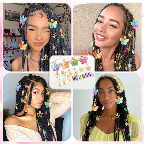 NAISKA 30Pcs Colorful Butterfly Charm for Braid Clips Gold Hair Jewelry Loc Dreadlock Accessories Flower Braid Charms Hair Cuffs Coils Rings Loc Jewelry Gifts for Women and Teen Girls