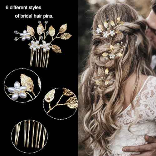 6 Pieces Bridal Wedding Hair Pins Gold Leaf Hair Pins Clips Crystal Pearl Flower Headpiece Vintage Wedding Hair Accessories for Brides Bridesmaids Women Girls