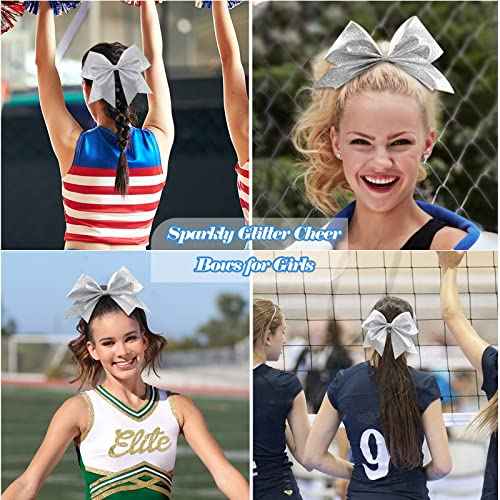 16 PCS 8" Large Glitter Cheer Bows for Cheerleaders, CN Sparkly Hair Bows with Elastic Hair Ties Accessories for Teens Girls Women Cheerleading Softball Competition Sports (Silver)