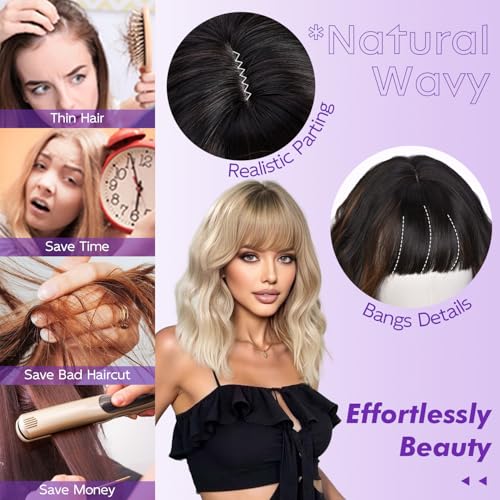 Short Wavy Wig with Bangs - 16in Brown Synthetic Hair