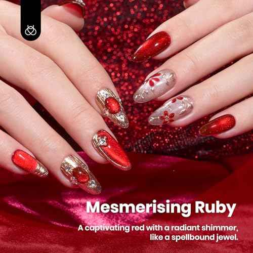 beetles Gel Polish Ruby Red Cat Eye Gel Nail Polish - 15ML Christmas Red Cat Eye Glitter Gel Polish Magnetic Shimmer Effect Soak Off UV French Nail Art Design Salon DIY Manicure Gifts for Wome