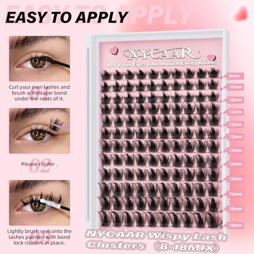 NYCAAREyelash Clusters Wispy Eyelash Clusters 144pcs D Curl 8-18mm Lash Clusters Fluffy Individual Lashes Volume Thin Band Cluster Eyelash Extensions Easy DIY for Beginners(NY02,D-8-18MIX-ZZLJ-3)