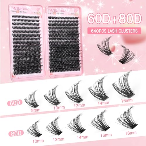 Boahankuke 640PCS Lash Clusters Kit DIY Lash Extension Kit D Curl Volume Eyelash Extensions Individual Lashes Kit with Lash Bond and Seal, Tweezers (60D 8-16mm, 80D 10-18mm) by Boahankuke