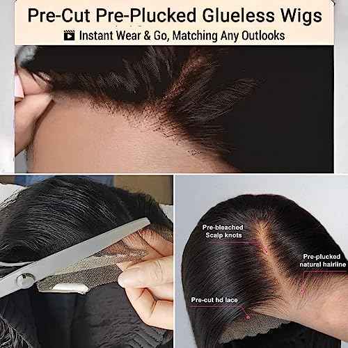 Wear and Go Glueless Bob Wig Human Hair Straight, 6x4 Pre-Cut HD Lace Glueless Wigs Pre-Plucked, Transparent Lace Front Closure Wigs for Women 180% Density 10 inch
