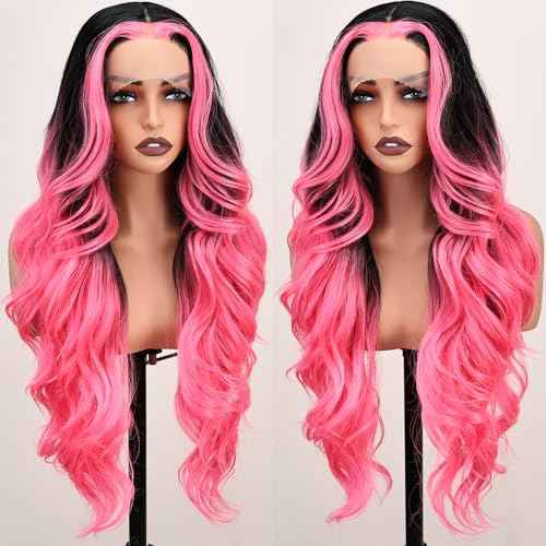 SISgrace Pink Highlight Wig Lace Front Wigs Synthetic Body Wave Wig Wear and Go 13x4x1 T-part Lace Middle Part Synthetic Wigs 28 Inch Pre-Plucked HD Glueless Lace Front Wig for Women