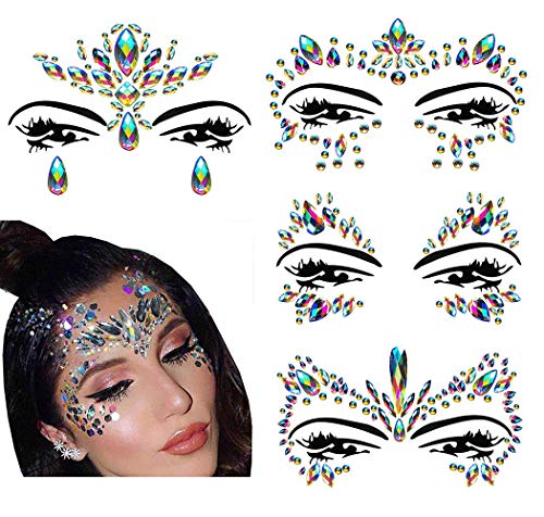 Face Gems Stickers - 4 Rainbow Rhinestone Designs, Self-Adhesive Festival Makeup