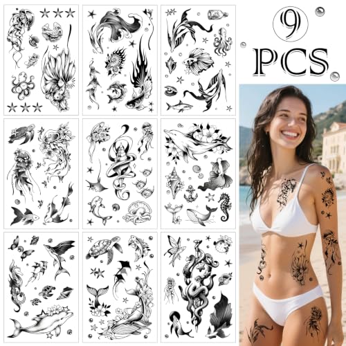 Ocean Temporary Tattoos for Women - 9 Sheets Waterproof