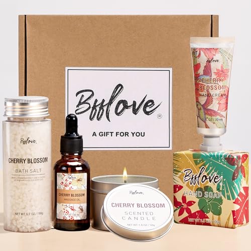 Gifts for Women BFFLOVE Gift Set for Women 5pcs Cherry Blossom Spa Set, Birthday Gifts for Women with Massage Oil, Scented Candle, Bath Salts, Hand Cream, Mothers Day Gifts