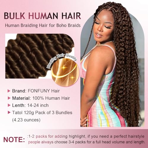 FONFUNY Human Braiding Hair 120g Boho Deep Wave 14 Inch Curly No Weft for Knotless & Bohemian Styles