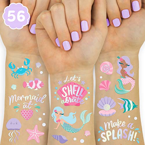 Mermaid Temporary Tattoos - 56 Iridescent Foil Designs for Kids