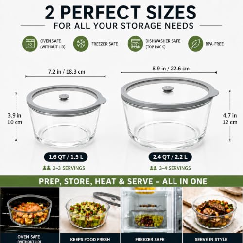 Glass Food Storage Containers 2-Pack, 52oz & 90oz, Airtight Meal Prep