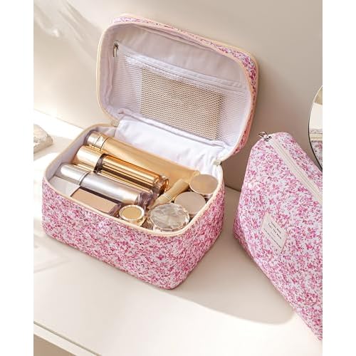 HBselect 2Pcs Travel Makeup Bag, Large Cotton Quilted Makeup Bag Cosmetic Bag Cute Make up Bag Toiletry Bags for Women Girls