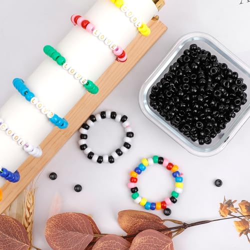 Auvoau 1000Pcs Pony Beads Bracelet 9mm Black Plastic Barrel Pony Beads for Necklace,Hair Beads for Braids for Girls,Key Chain,Jewelry Making (Black)