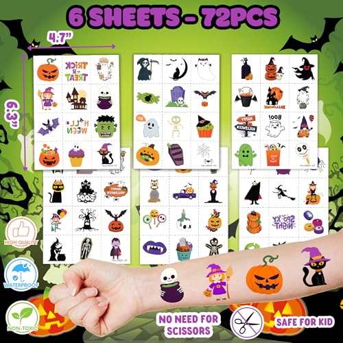 96PCS Halloween Party Favors - 72PCS Pre-Cut Temporary Tattoos & 24PCS Stamps - Ideal Scary Themed Birthday Card Decorations Supplies Goodie Bag Baby Shower Kids Gifts Classroom Rewards Prizes Costume