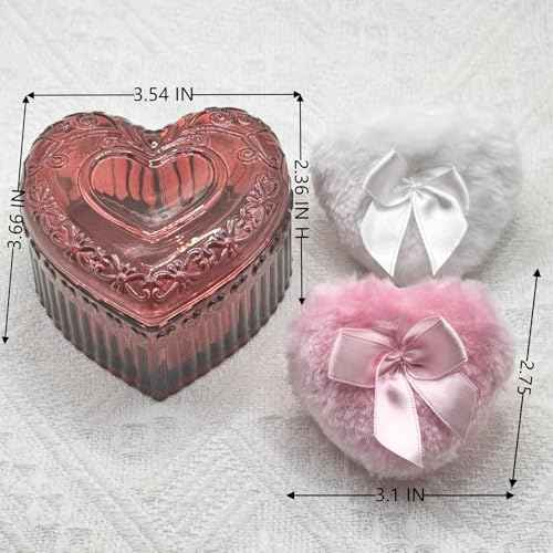 Body Powder Puff and Container - Glass Heart Dusting Powder Container with 2 Soft Puffs Vintage Powder Puff Case for Women & Girls-GRB007-Red