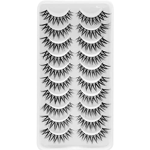 Bluesmurfs False Lashes 3D Cat-Eye Volume Eyelashes Clear Band Lashes Natural Look Faux Mink Invisible Strip Wispy Fake Lashes 10 Pairs