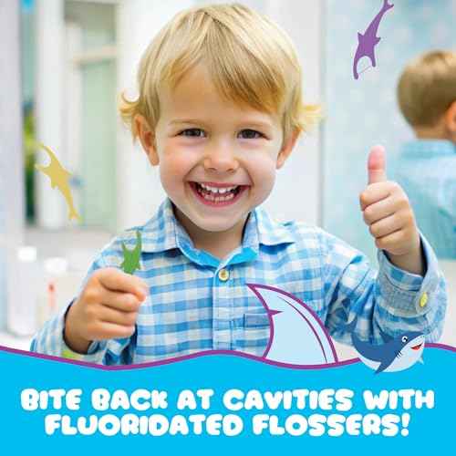 Kids Flossers with Fluoride, Unflavored Floss Picks, Fun Floss with Colorful Shark Shapes. Enhanced Cavity Protection, 225 Count (3 Pack) Children's Flossers. Dentists Designed and Backed by Science