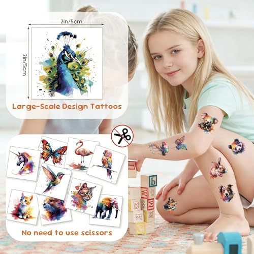 102 Watercolor Animal Temporary Tattoos – Individually Wrapped