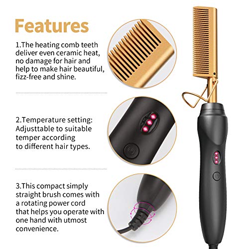 BudiGl Gold Ceramic Hot Comb Hair Straightener & Curling Pressing Comb for All Hair Types