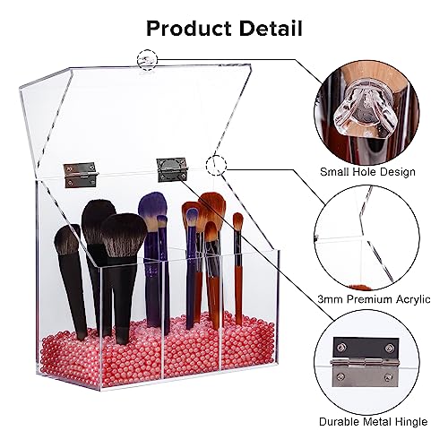 Acrylic Makeup Brush Holder with Lid - Clear Cosmetic Makeup Brush Organizer and Storage Box with Cover for Vanity - Large Capacity 3-Slots Container for Brushes (Clear)