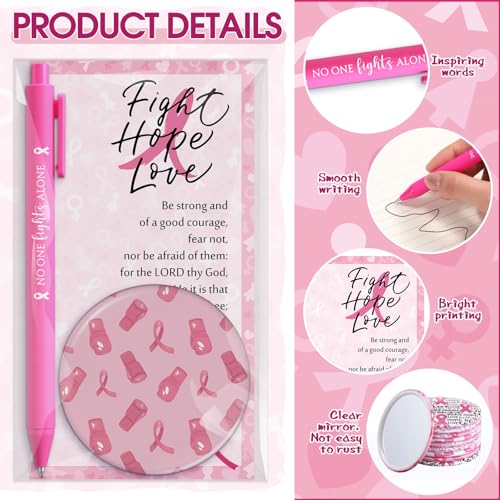 Pinkunn 25 Sets Breast Cancer Awareness Accessories Bulk Breast Cancer Gift for Women Compact Mirrors with Pink Ribbon Boxing Glove Design, Ballpoint Pens, Motivational Cards Charity Party Favors