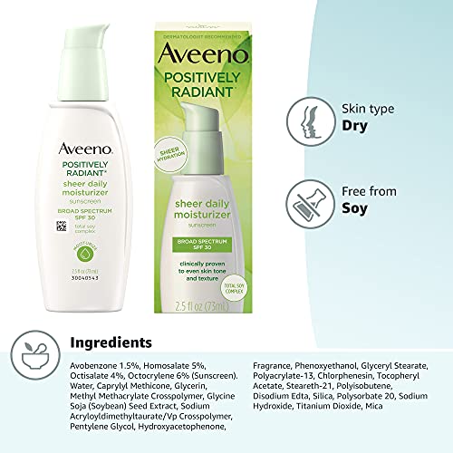 Aveeno Positively Radiant Sheer Daily Moisturizing Lotion for Dry Skin with Total Soy Complex and SPF 30 Sunscreen, Oil-Free and Non-Comedogenic, 2.5 fl. oz