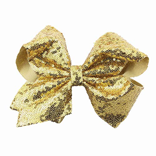 Christmas Cheer Bows Girls Glitter Sequin Bowknot Christmas Ponytail Holder Jumbo Bow BBG84 (B1-Gold Set)