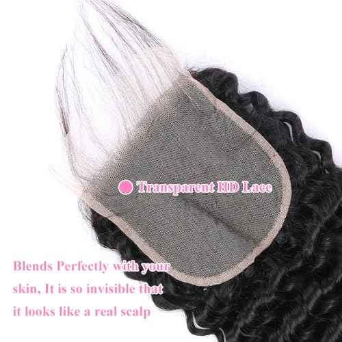 5x5 HD Lace Closure Deep Wave Ultra-thin Transparent HD Lace Closure 12A Brazilian Virgin Human Hair Closure Free Part Pre Plucked with Baby Hair Natural Black 18 Inch