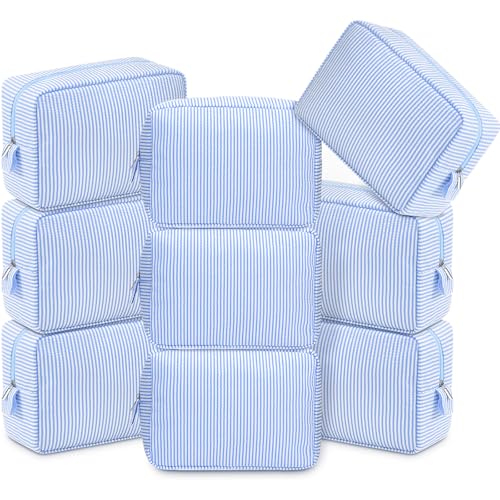 Sanwuta 9 Seersucker Cosmetic Bag Bulk Pinstripe Makeup Bag for Women Aesthetic Cute Travel Toiletry Organizer Preppy Storage Pouch for Wedding Bridesmaid Christmas Gift (Large,Blue)