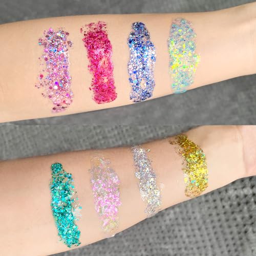 Face Glitter Gel, Holographic Body Glitter Gel for Hair, Body, Face, Lip, Eyeshadow, Sequins Glitter Face Paint, Chunky Glitter for Makeup, Sparkling Glitter Makeup for Concerts Music Festival Rave