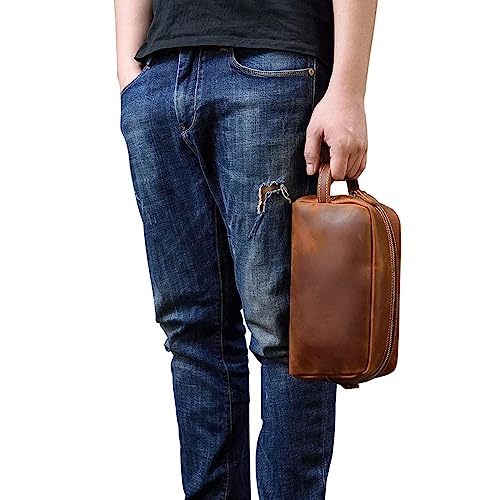 Toiletry Bag for Men or Women, Full Grain Leather Handcrafted Dopp Kit, Vintage Travel Leather Toiletry Travel Pouch, Large Cosmetic Bathroom Travel Shaving Bag, Fully Lined with Cotton Fabric