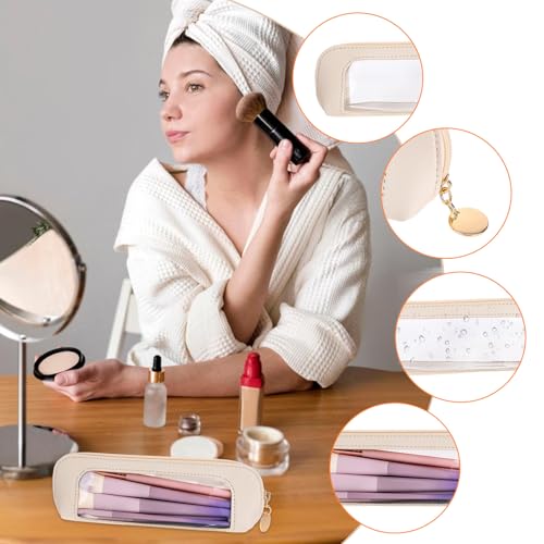 Small Clear Makeup Bag, Portable PU Leather Cosmetic Pouch Beige