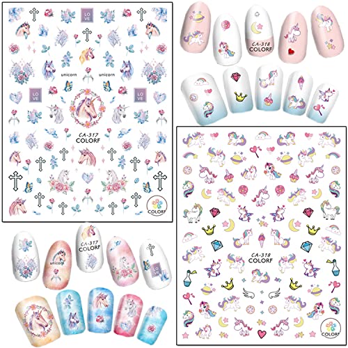 Cute Nail Art Stickers, 3D Cartoon Animal Nail Art Decals Holographic Unicorn Rainbow Heart Flowers Nail Adhesive Sticker Design for Women Girls Manicure Decoration DIY Nail Decal Supplies