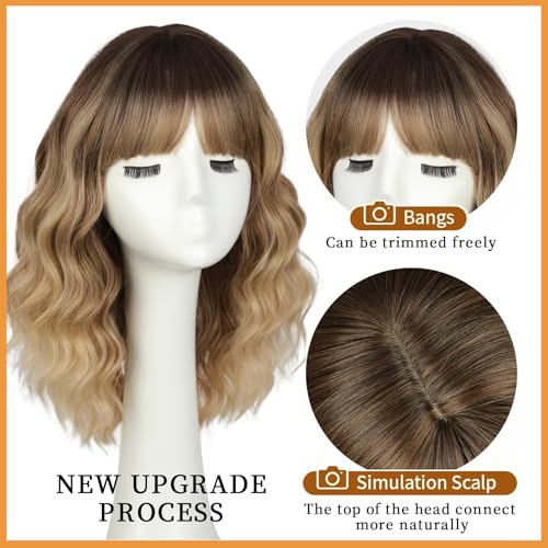 Lativ Blonde Bob Wig with Bangs Short Wavy Curly